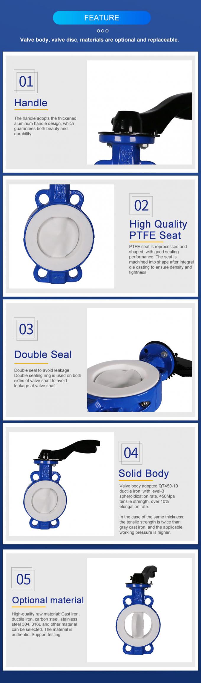 Wafer Style PTFE Lined Butterfly Valve Ggg40 Ptfe Lined DN80 PN10 Butterfly Valve With Soft Backrest 6